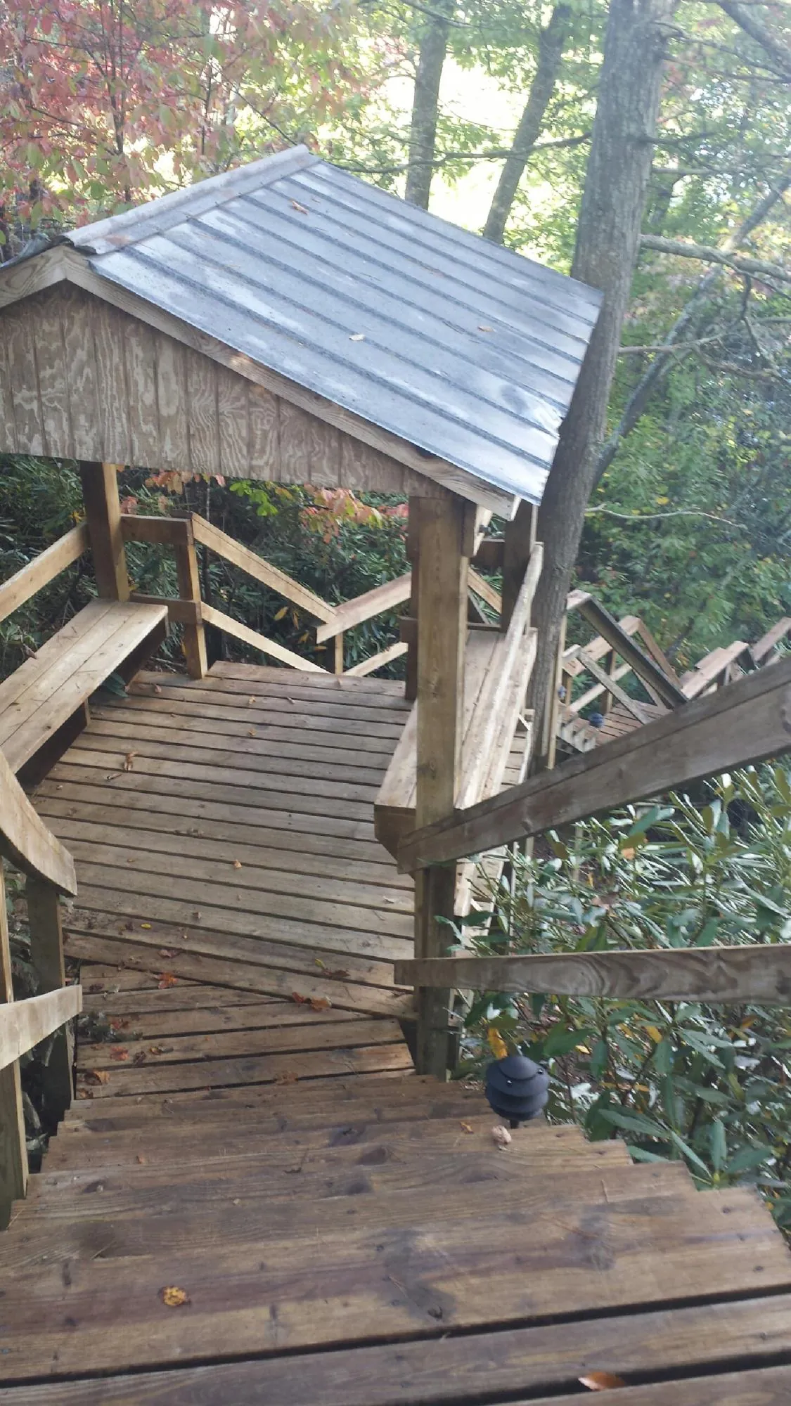 Metal roofed shelter over wooden steps on a wooded walkway — Skylight Repair & Installation work by our crew in Prospect Hill